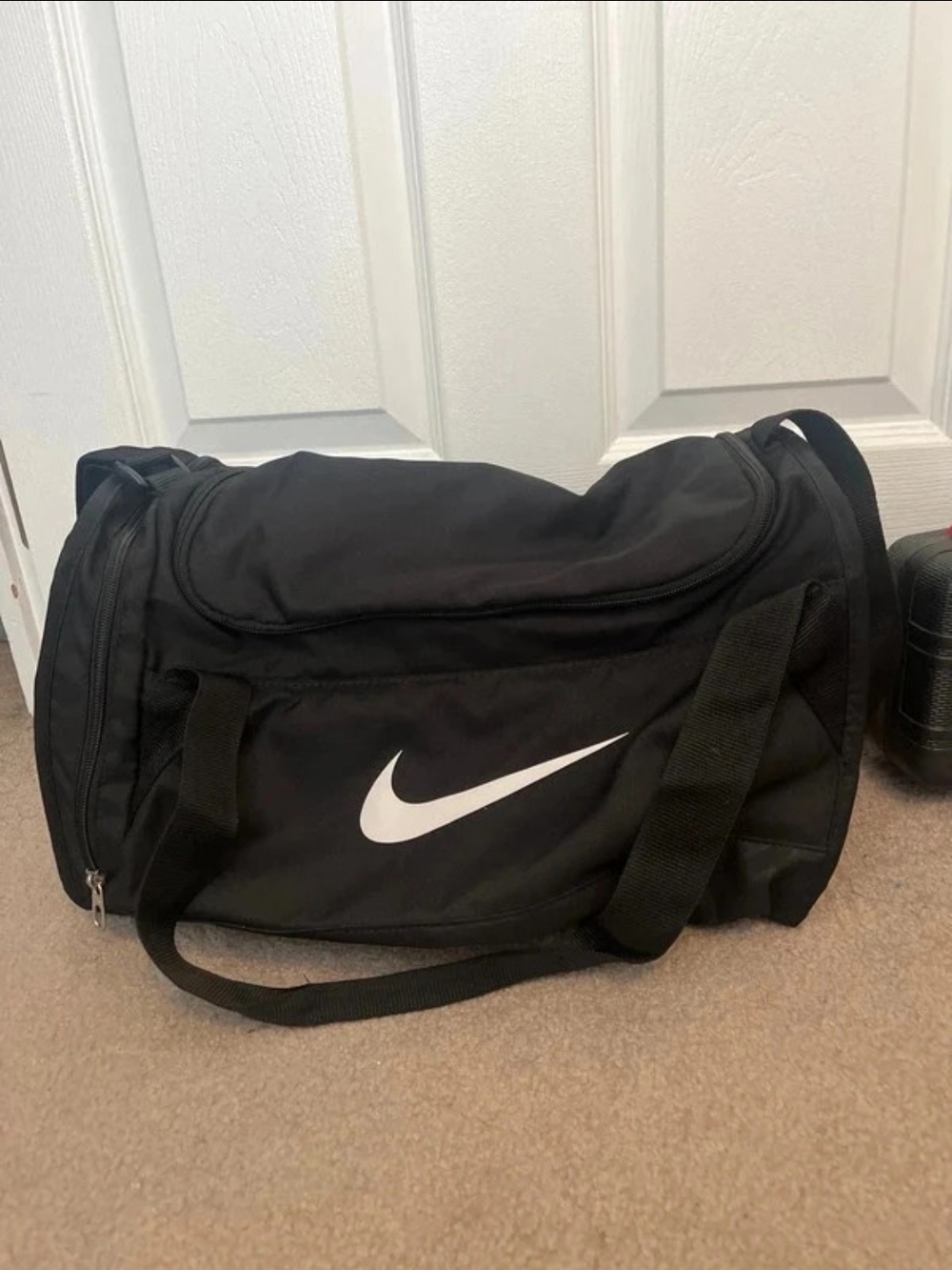 Nike Small Black Duffel Bag with White Swoosh - Men's Travel & Gym